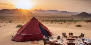 Outdoor dining setup beside a tent in the Omani desert