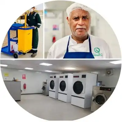 A round collage image with three sections: the top left shows a person pushing a yellow cleaning cart, the top right shows a man in a white hairnet and chef's uniform, and the bottom section shows a laundry room with several large industrial washing machines and dryers.
