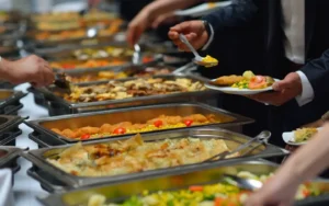 men in blue coat self serving food at a party or office meet on right and on left is seen a lot of dishes in food containers